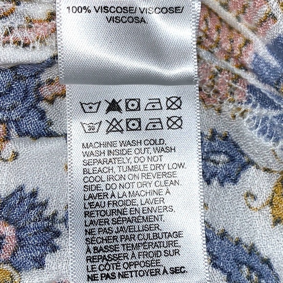 Lucky Brand size SP blouse blue & ivory BOHO 3/4 sleeves w keyhole & tassel ties - Picture 12 of 15